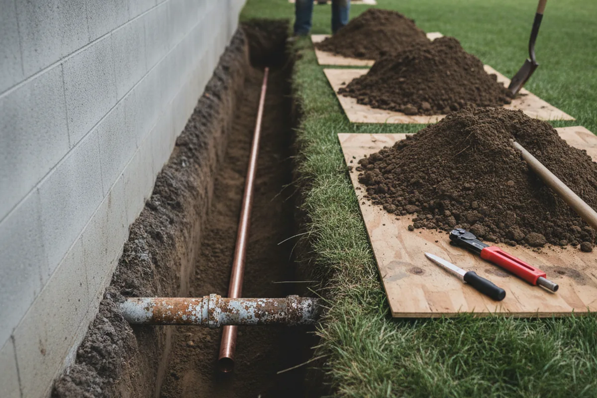 Excavated water line trench during Sewer Line Repair in Salyer